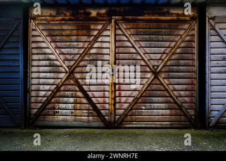 Old metallic garage door made of corrugated steel metal sheets locked with padlock, worn and rusty surface Stock Photo
