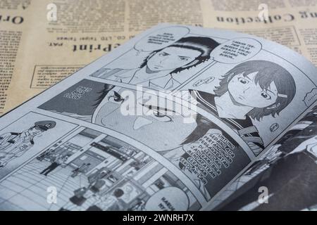 August 31, 2023, Close-up of an open comic book with bokeh background. Wadaslintang, Wonosobo Stock Photo