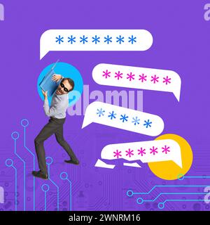 Contemporary art collage. Young man in black eye mask holds laptop and trying to unlock gadget with speech bubbles looks as password. Stock Photo
