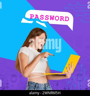 Contemporary art collage. Data loss. Shocked woman looking at laptop from which someone changed password. Stock Photo