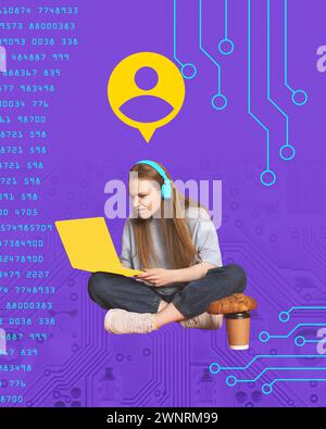 Contemporary art collage. Young woman with headphones using laptop, perplexed, sitting on cushion with coffee and croissant. Stock Photo
