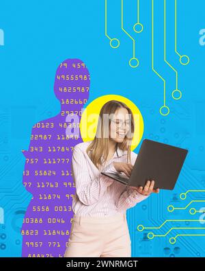 Modern aesthetic artwork. Woman using laptop while silhouette of person with binary code stands behind her and monitors actions. Personal data Stock Photo