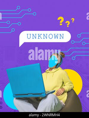 Modern aesthetic artwork. Unrecognizable woman using laptop with speech bubble with text unknown. Cyber attack. Stock Photo
