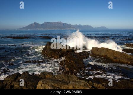 View of Table Mountain and Waves Breaking from Robben Island in Cape Town, Western Cape, Souh Africa Stock Photo