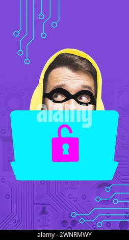 Modern aesthetic artwork. Man, hacker in black eyemask sitting behind blue silhouette of laptop with unlocked lock. Cyber attack. Stock Photo