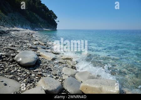 Sea Coast of Gelendzhik, Russia, landscape of chalk cliffs and turquoise waters, scenic beauty. Rugged limestone cliffs contrast with the clear blue s Stock Photo