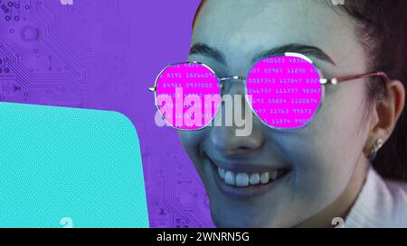 Modern aesthetic artwork. Young woman in glasses using laptop and encoding reflect in it. Internet safety training. Stock Photo
