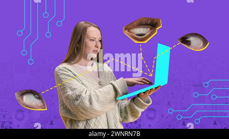 Modern aesthetic artwork. Woman using laptop and eyes from different angles trying to spy on girl. Digital crime. Stock Photo
