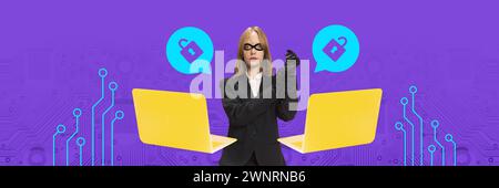 Banner. Modern aesthetic artwork. Woman, hacker in suit with mask and gloves, between speech bubbles with unlocked locks from laptops. Stock Photo