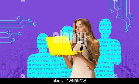 Modern aesthetic artwork. Shocked woman using laptop while silhouettes with encode stands behind her and monitors actions. Personal data protection. Stock Photo