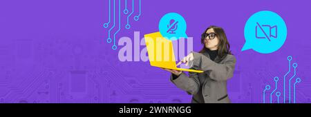 Banner. Modern aesthetic artwork. Young woman prohibits access to microphone and video camera of laptop. Personal data settings. Stock Photo