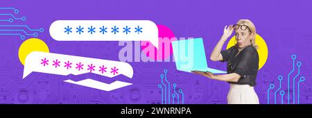 Banner. Contemporary art collage. One of speech bubbles with password breaks and shocked woman looking o it in laptop. Stock Photo