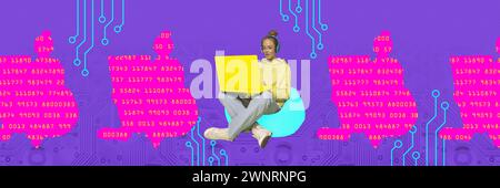 Banner. Contemporary art collage. Focused woman sitting on using silhouette of yellow laptop against digital backdrop. Stock Photo