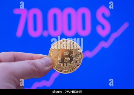 Bitcoin coin between fingers in front of a market price of over 70,000 USD Stock Photo