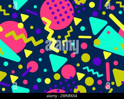 Memphis seamless pattern with geometric shapes in 80s and 90s style. Geometric shapes of different shapes and colors. Design of promotional products, Stock Vector