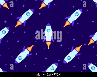 Spaceships seamless pattern. Orbital launch vehicle. Space rockets in flat style. Spaceships for space exploration and interplanetary flights. Design Stock Vector