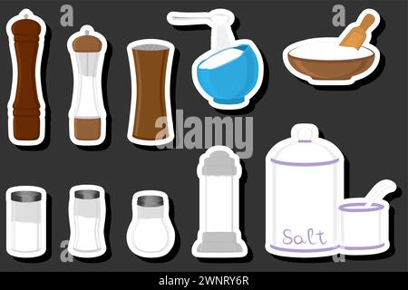 Illustration on theme big set different types ware filled salt for organic cooking, salt in shaker for restaurant menu Stock Vector