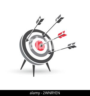 Target with arrows. Hitting center of target on several attempts. Goal achieve concept. Vector illustration. Stock Vector