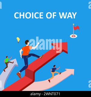 Choice way concept. Mans running on three roads Stock Vector