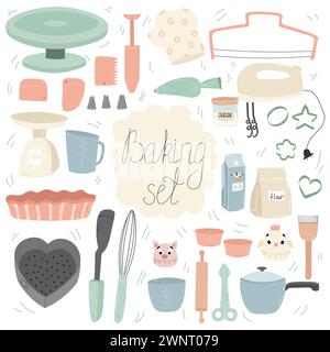 Baking tools vector illustration set. Pastry prepare cooking ingredients. Food supplies as rolling pin , mixer, baking forms, shugar, kitchen timer Stock Vector