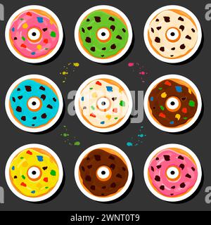 Illustration on theme big set different types sticky donuts, sweet doughnuts various size, donut pattern consisting of collection organic doughnuts fr Stock Vector