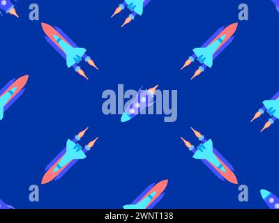 Spaceships seamless pattern. Orbital launch vehicle. Space rockets in flat style. Spaceships for space exploration and interplanetary flights. Design Stock Vector