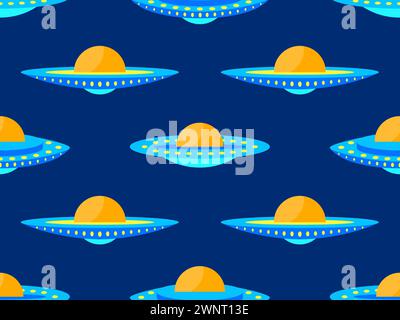 Seamless pattern with alien spaceships. Background with UFO and space flying saucers. UFO in the form of a saucer with lights. Design for print, banne Stock Vector