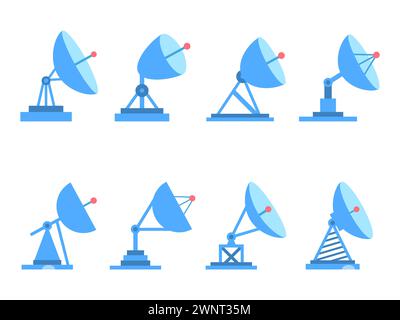 Radio telescope icon set isolated on white background. Parabolic antenna. Satellite dish. Satellite antenna various types. Icon design for print, bann Stock Vector