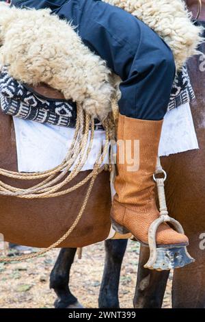 Gaucho leather boot inside stirrup on a horse Stock Photo