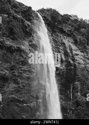 Milford Sound mountain and cascade black and white landscape Stock ...