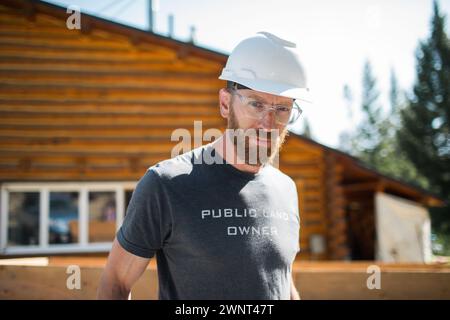 Bearded builder in safety gear by cabin. Stock Photo
