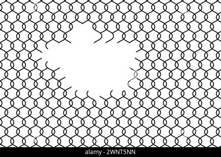 Broken wire mesh fence. Torn wire pirson mesh texture. Rabitz or chain link fence with cut hole. Vector illustration. EPS 10. Stock image. Stock Vector