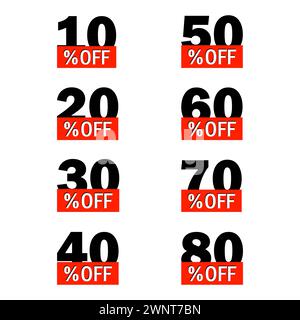Set of sale tags with different percent off discount. Special offer, big sale, price drop. Vector illustration. EPS 10. Stock image. Stock Vector