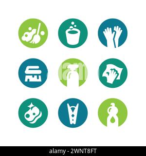 Cleaning house vector icon set. Broom, mop and bucket, sponge and rag icons. Stock Vector