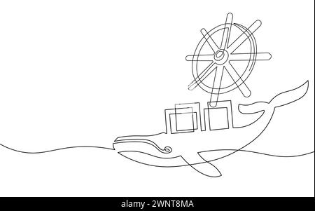 One continuous line wheel helm computer developer app concept. Business digital open source program. Data coding steering vector line illustration. Stock Vector