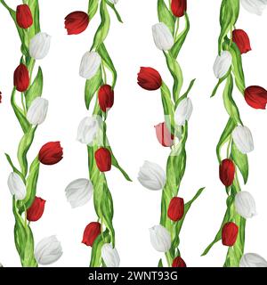 Hand-drawn watercolor illustration. Seamless floral pattern with red and white tulips Stock Photo