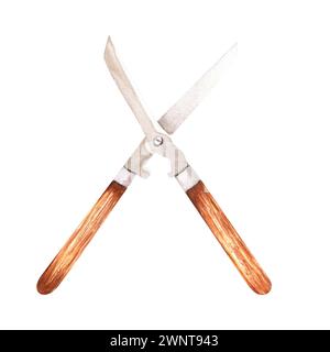 Hand-drawn watercolor illustration. Garden shears with wooden handle Stock Photo