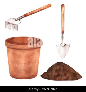 Hand-drawn watercolor illustration. Garden tools and flowerpot with soil. A bundle of gardening tools rake, shovel, spade, fork. Terracotta flowerpot. Stock Photo