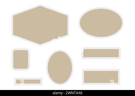 Postage stamp frames set. Blank vintage postage stamps with perforated edge. Empty border template for postcards and letters. Vector illustration. EPS Stock Vector
