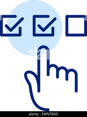 Tapping at checkbox with a finger. Ticking off boxes. Success, validation, and progress. Content related to tasks, goals Stock Vector