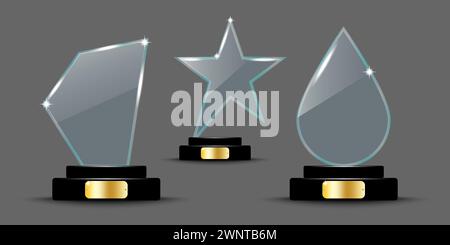 Glass award, trophy. Glass figure of a shield, stars, drops. Glass figures on a stand. Vector illustration. stock image. EPS 10. Stock Vector