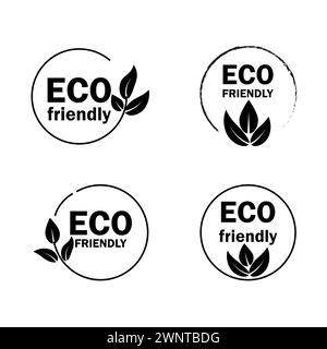 Set black eco friendly icons. Organic natural food black labels. Ecologic food black stamps. Vector illustration. EPS 10. stock image. Stock Vector