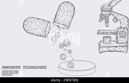 Multi vitamin complex low poly capsule. Health supplement skin care bodybuilding anti-aging pharmacy banner template. 3D coenzyme Q10, A, B, C, D. Med Stock Vector