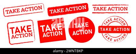 take action circle rectangle and square red rubber stamp label sticker determination motivation Stock Vector