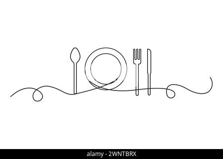 One continuous line of plate, knife, spoon and fork. Vector illustration. EPS 10. Stock image. Stock Vector