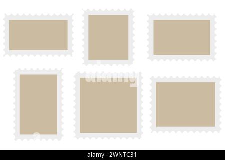 Postage stamp frames set. Blank vintage postage stamps with perforated edge. Empty border template for postcards and letters. Vector illustration. EPS Stock Vector