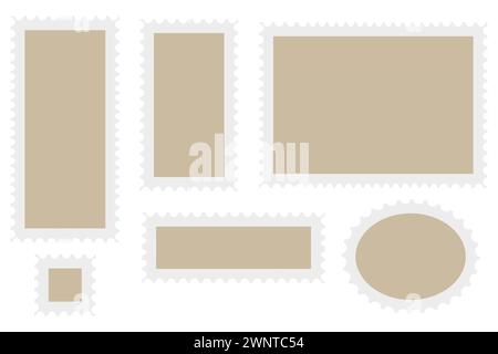 Postage stamp frames set. Blank vintage postage stamps with perforated edge. Empty border template for postcards and letters. Vector illustration. EPS Stock Vector