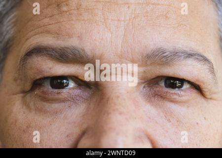 Close-up of a senior biracial man's eyes, revealing fine lines and a calm expression Stock Photo