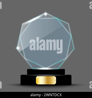 Realistic award layout design. Glass trophy in the form of an hexagon. 3d acrylic crystal hexagon. Vector illustration. stock image. EPS 10. Stock Vector