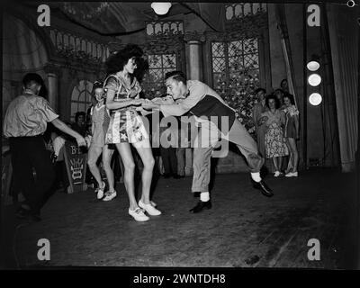 Sydney, Australia. February 1948 competion for Jitterbugs at Trocadero.  Couple dancing in centre stage. Stock Photo